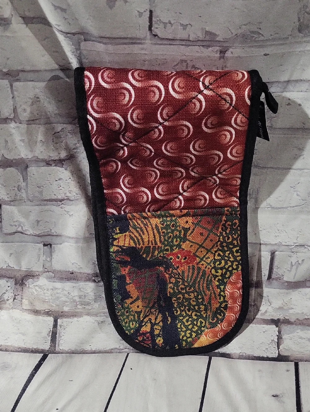 African Animal Print Patterned Quilted Oven Mitt - Red and Multicolor